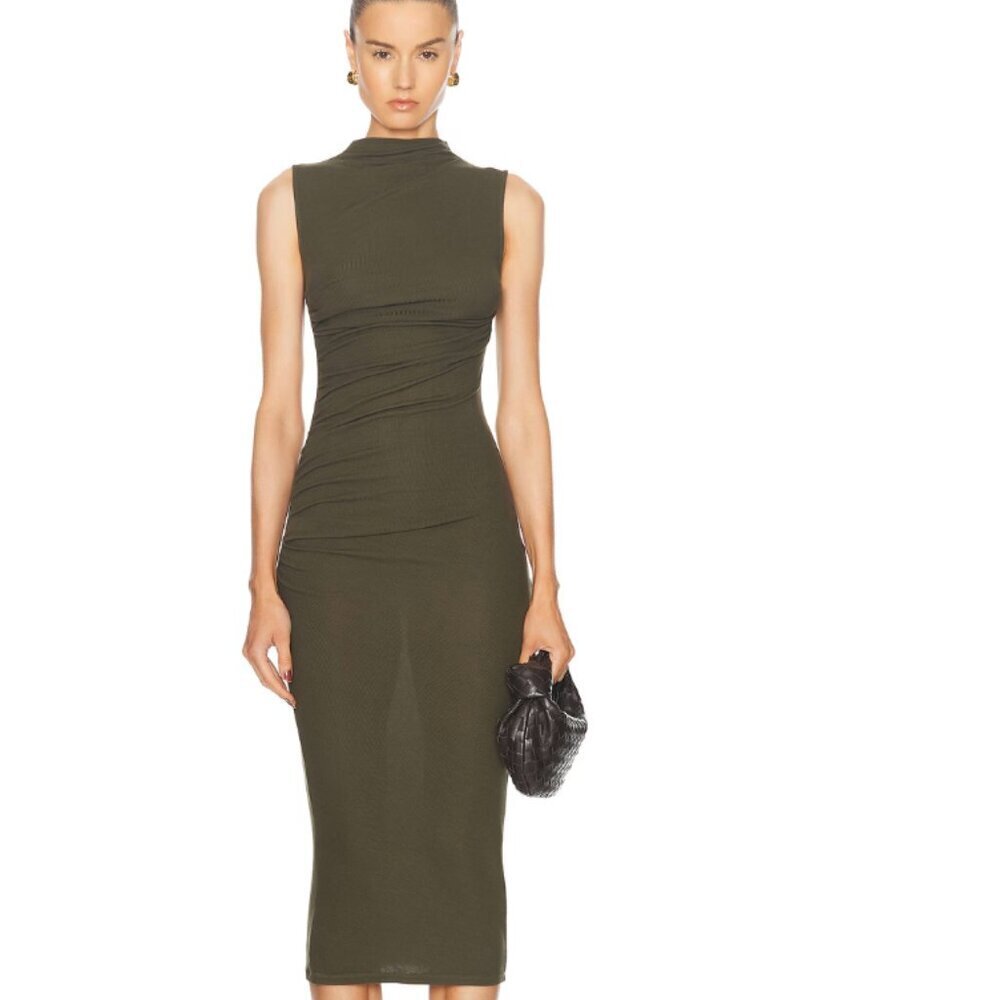 ENZA COSTA Silk Blend Knit Sleeveless Twist Ruched Midi Dress Army Green L $260